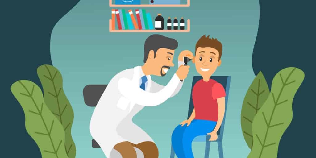 The otolaryngologist looks at the child. Doctor and kid characters on medical examination